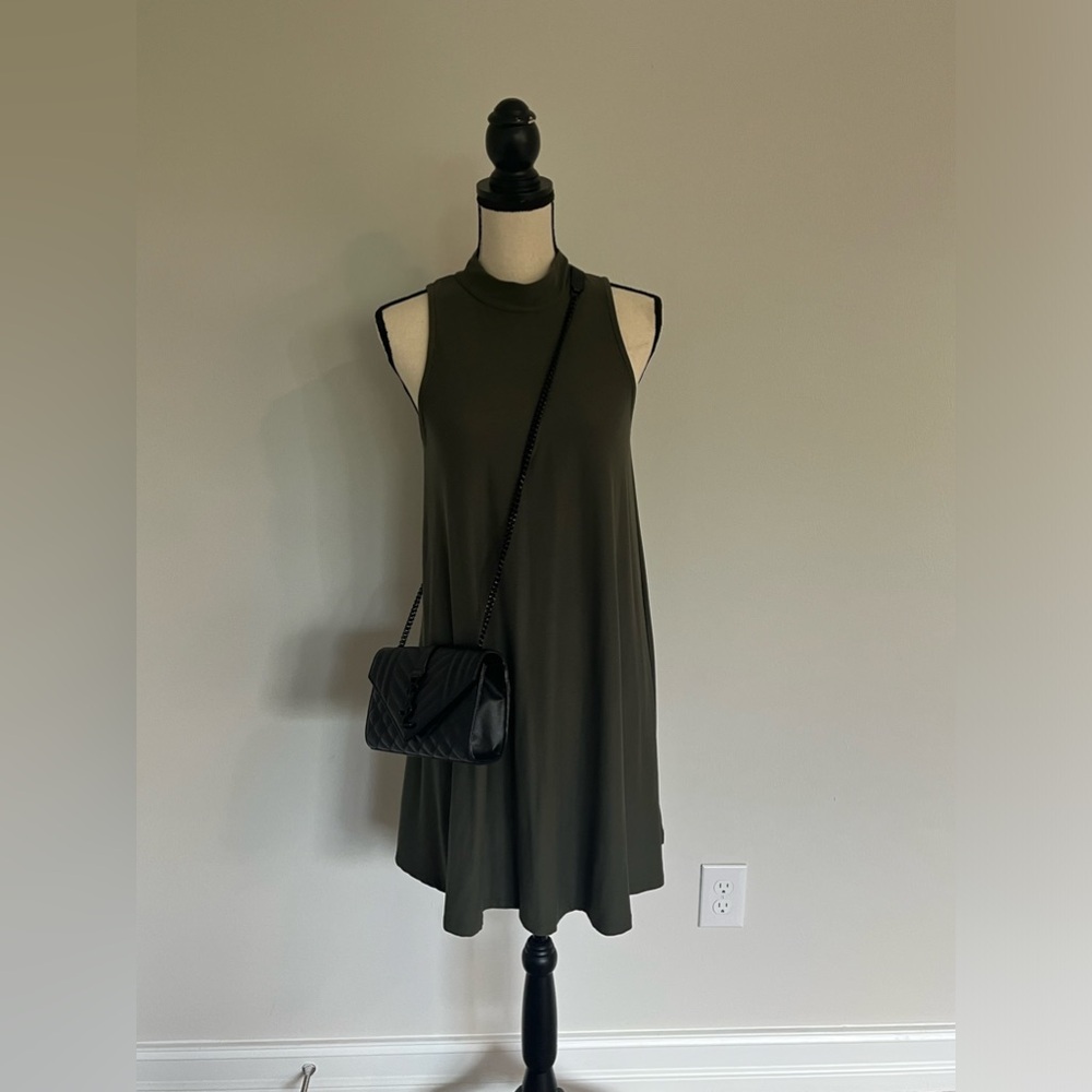 Army green flowy mock turtle neck dress